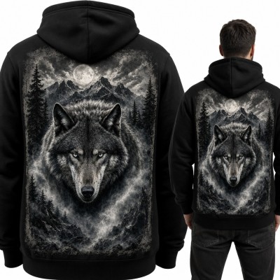 Bluza męska z kapturem - wilk w górach przy pełni księżyca, duży nadruk na plecach
