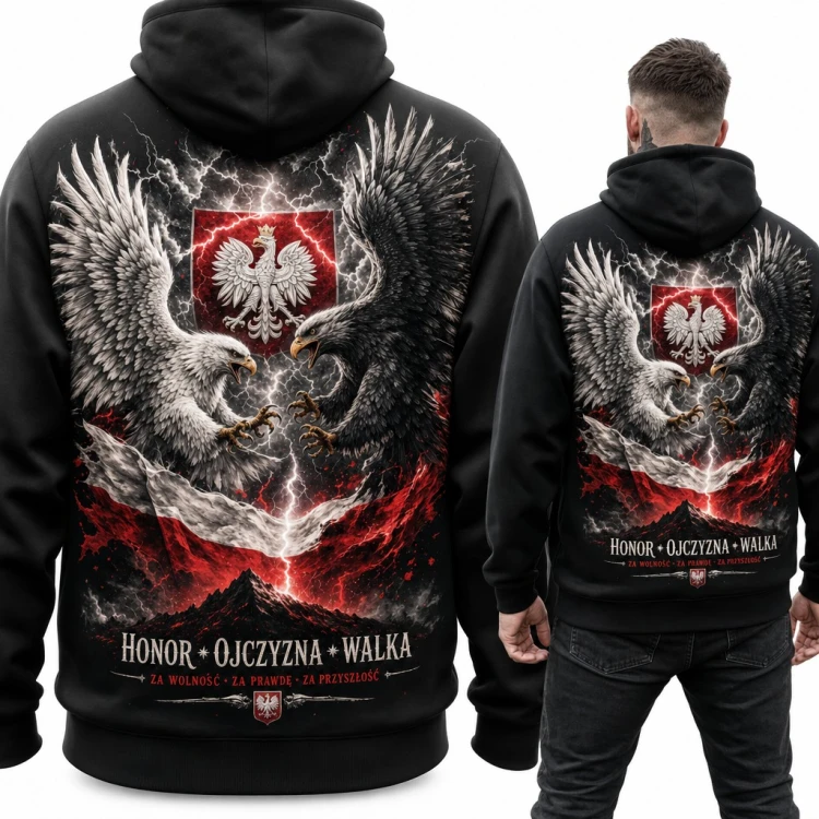 Bluza męska z kapturem „Honor Ojczyzna Walka” - orły i godło Polski, duży nadruk na plecach