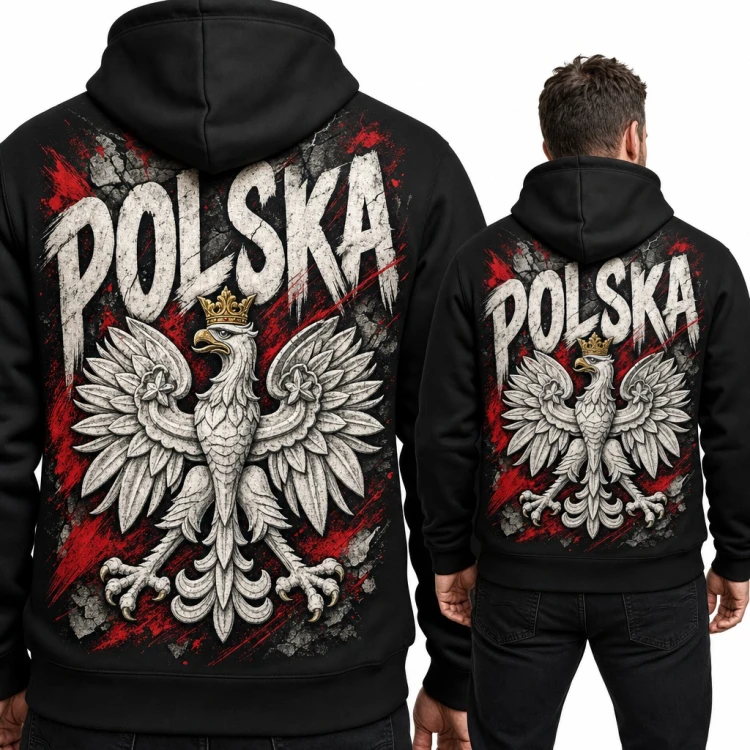 Bluza męska z kapturem - kamienny orzeł w koronie i „Polska” - duży nadruk na plecach