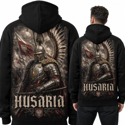 Bluza męska z kapturem „Husaria” - husarz w skrzydłach z orłem - duży nadruk na plecach