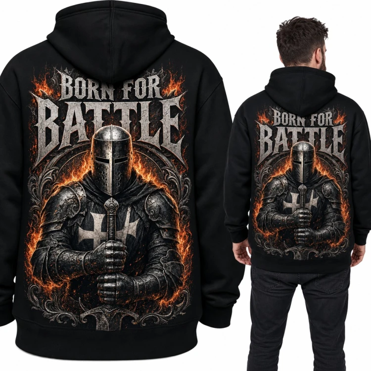 Bluza męska z kapturem - rycerz krzyżowiec z mieczem „Born for battle” - duży nadruk na plecach