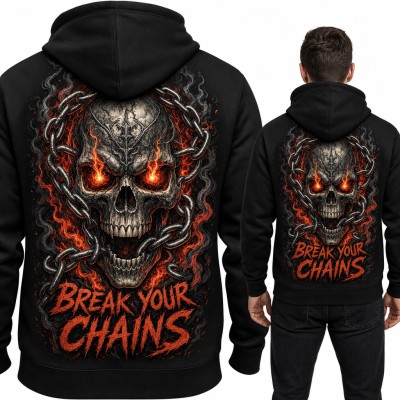 Bluza męska z kapturem - czaszka w płomieniach z łańcuchem „Break your chains” - duży nadruk na plecach