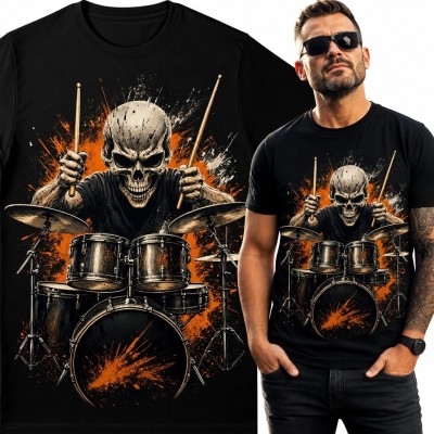 Koszulka męska ze szkieletem perkusisty - rockowo-metalowy motyw