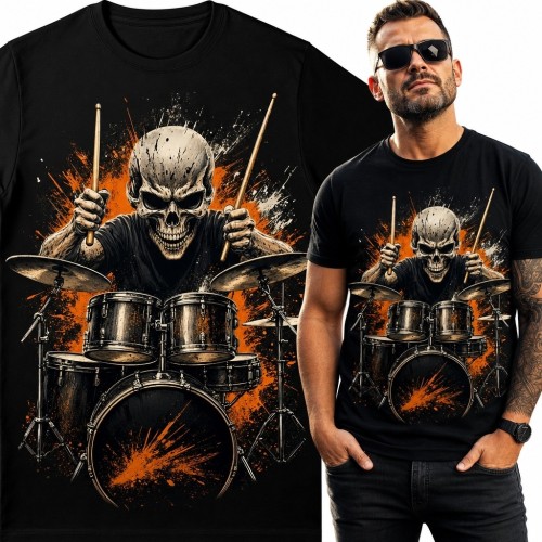 Koszulka męska ze szkieletem perkusisty - rockowo-metalowy motyw