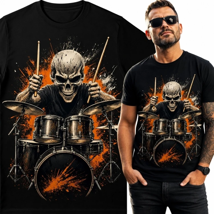 Koszulka męska ze szkieletem perkusisty - rockowo-metalowy motyw