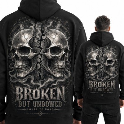 Bluza męska z kapturem - dwie pęknięte czaszki w dymie „Broken but unbowed” - duży nadruk na plecach