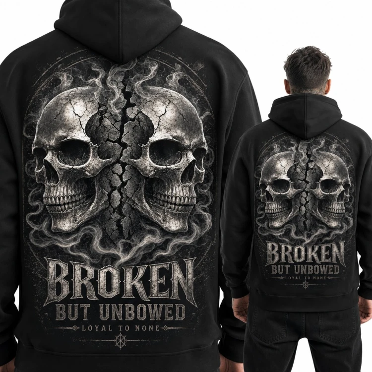 Bluza męska z kapturem - dwie pęknięte czaszki w dymie „Broken but unbowed” - duży nadruk na plecach