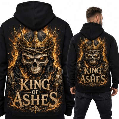 Bluza męska z kapturem - czaszka w płonącej koronie „King of Ashes” - duży nadruk na plecach