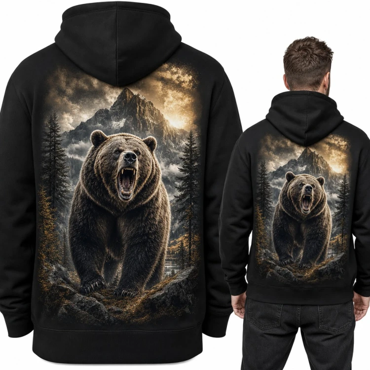 Bluza męska z kapturem - ryczący niedźwiedź grizzly w górach - duży nadruk na plecach
