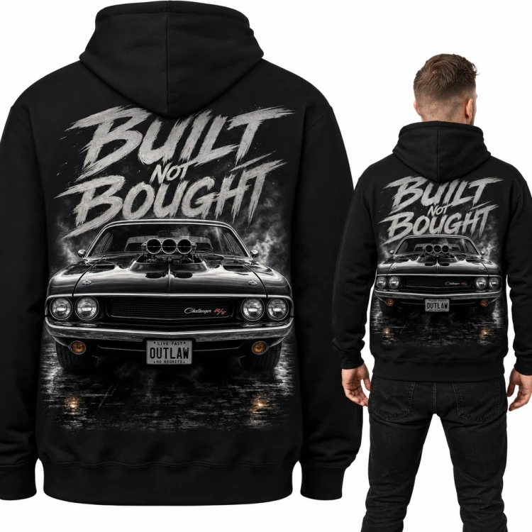 Bluza męska z kapturem - muscle car Challenger „Built not bought” - duży nadruk na plecach