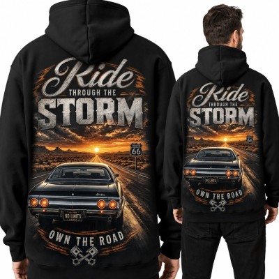 Bluza męska z kapturem - muscle car na Route 66 „Ride through the storm” - duży nadruk na plecach
