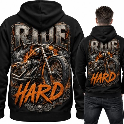 Bluza męska z kapturem „Ride Hard” - chopper w płomieniach dla motocyklisty - duży nadruk na plecach