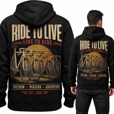 Bluza męska z kapturem - retro rowery szosowe „Ride to live, live to ride” dla rowerzysty - duży nadruk na plecach