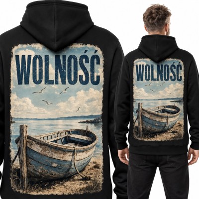 Bluza męska z kapturem „Wolność” - drewniana łódź nad morzem, duży nadruk na plecach