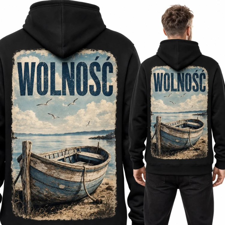 Bluza męska z kapturem „Wolność” - drewniana łódź nad morzem, duży nadruk na plecach
