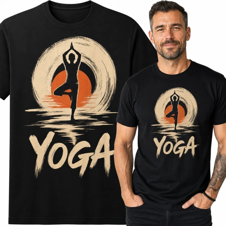 Koszulka męska z motywem jogi i napisem „Yoga” - pozycja drzewa w kręgu zen