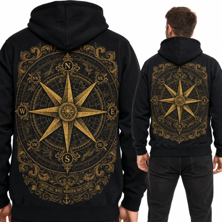 Bluza męska z kapturem - złota róża wiatrów i „Not all who wander are lost” - duży nadruk na plecach