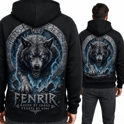 Bluza męska z kapturem - wilk Fenrir w kręgu run „Fenrir bound by chaos feared by gods” - duży nadruk na plecach
