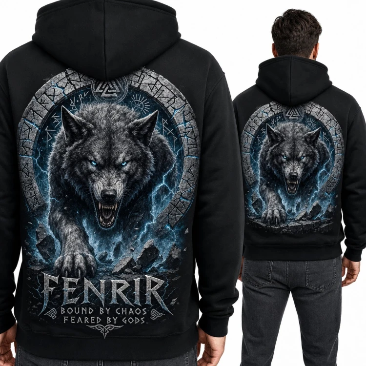 Bluza męska z kapturem - wilk Fenrir w kręgu run „Fenrir bound by chaos feared by gods” - duży nadruk na plecach