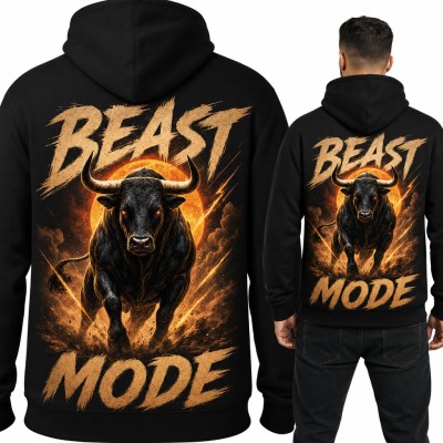 Bluza męska z kapturem „Beast Mode” z szarżującym bykiem - duży nadruk na plecach