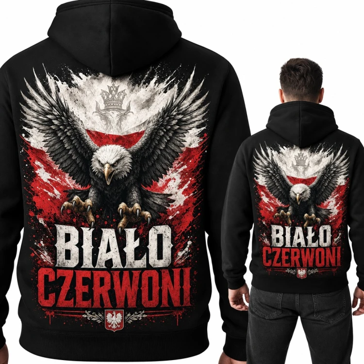 Bluza męska z kapturem - orzeł w koronie i napis „Biało Czerwoni” dla kibica - duży nadruk na plecach