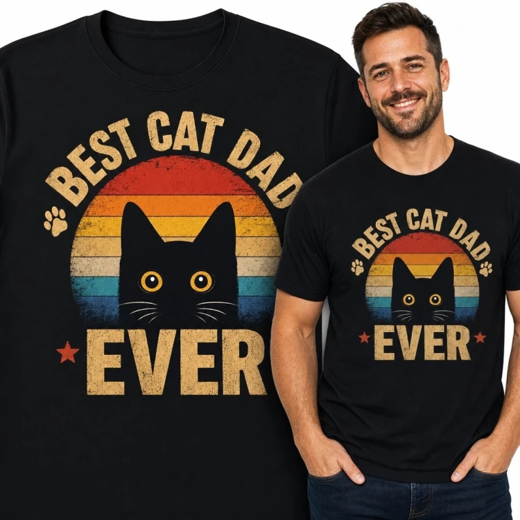Koszulka męska z kotem „Best Cat Dad Ever” - retro wzór dla kociego taty
