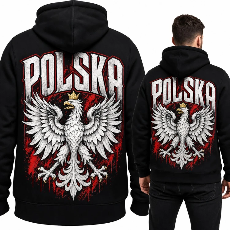 Bluza męska z kapturem „Polska” z białym orłem w koronie - duży nadruk na plecach
