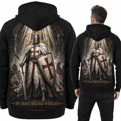 Bluza męska z kapturem - templariusz z mieczem i napisem „In hoc signo vinces” - duży nadruk na plecach