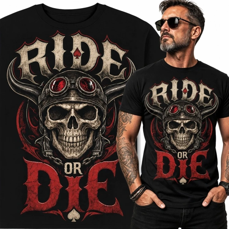 Koszulka męska dla motocyklisty z czaszką „Ride or Die”
