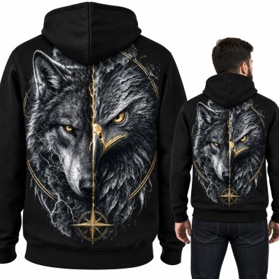 Bluza męska z kapturem - pół wilk pół orzeł z różą wiatrów - duży nadruk na plecach