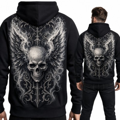 Bluza męska z kapturem - gotycka czaszka ze skrzydłami - duży nadruk na plecach