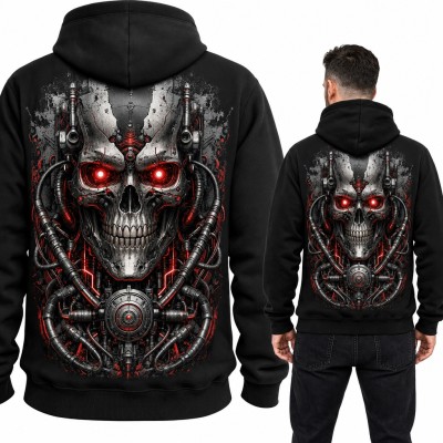 Bluza męska z kapturem - mechaniczna czaszka cyborga z czerwonymi oczami - duży nadruk na plecach