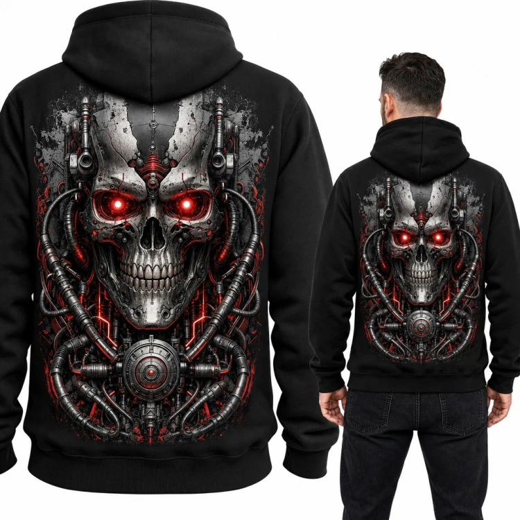 Bluza męska z kapturem - mechaniczna czaszka cyborga z czerwonymi oczami - duży nadruk na plecach
