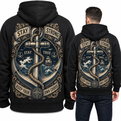 Bluza męska z kapturem - kotwica z kompasem i żaglowcem „Stay strong, keep your own course” - duży nadruk na plecach