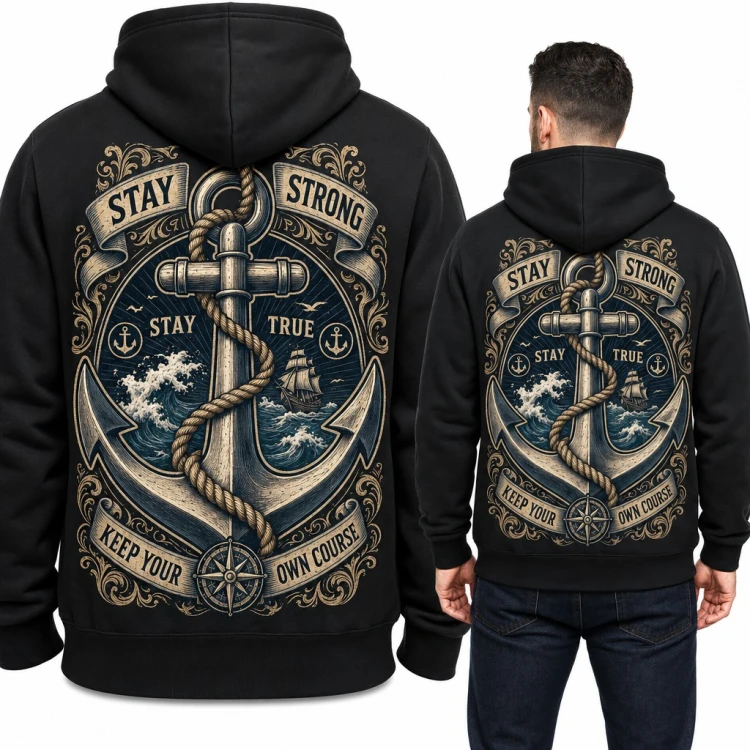 Bluza męska z kapturem - kotwica z kompasem i żaglowcem „Stay strong, keep your own course” - duży nadruk na plecach