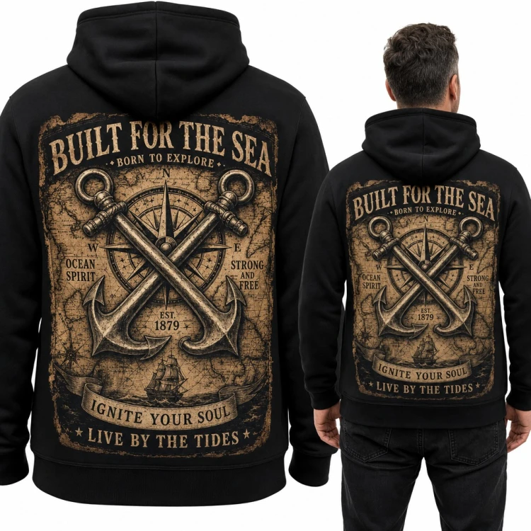 Bluza męska z kapturem „Built for the sea” z kotwicami dla żeglarza - duży nadruk na plecach