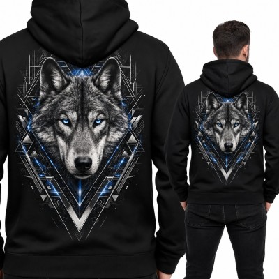Bluza męska z kapturem - geometryczny wilk z niebieskimi oczami - duży nadruk na plecach