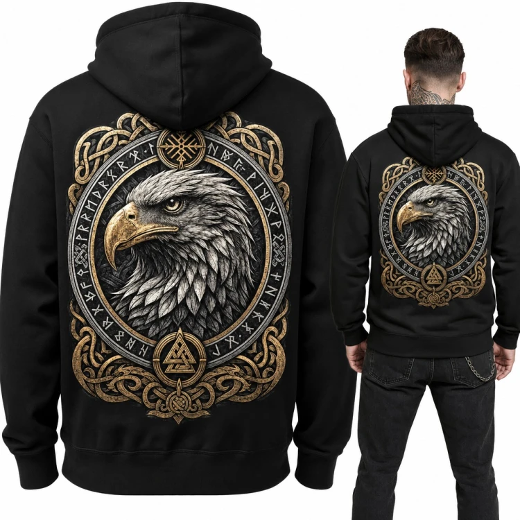 Bluza męska z kapturem - orzeł wikingów w kręgu run i valknut - duży nadruk na plecach
