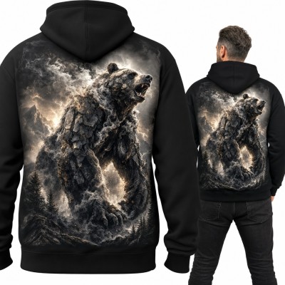 Bluza męska z kapturem - kamienny niedźwiedź grizzly wśród gór i burzy - duży nadruk na plecach