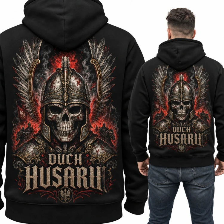 Bluza męska z kapturem - „Duch husarii” husarz czaszka ze skrzydłami - duży nadruk na plecach