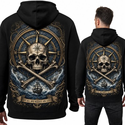 Bluza męska z kapturem - piracka czaszka i róża wiatrów „Not all who wander are lost” - duży nadruk na plecach