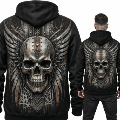 Bluza męska z kapturem - metalowa czaszka ze skrzydłami i nitami, duży nadruk na plecach