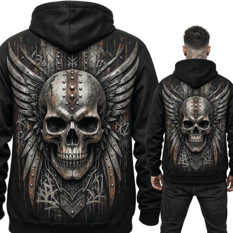 Bluza męska z kapturem - metalowa czaszka ze skrzydłami i nitami, duży nadruk na plecach