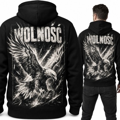 Bluza męska z kapturem - orzeł w locie i napis „Wolność” - duży nadruk na plecach