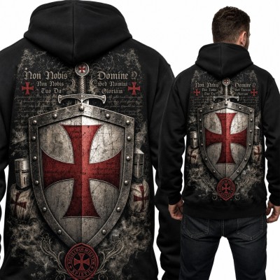 Bluza męska z kapturem - templariusze, tarcza z krzyżem i „Non Nobis Domine” - duży nadruk na plecach