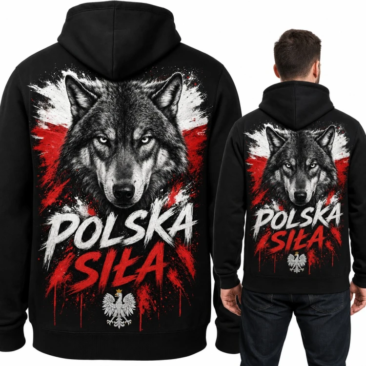 Bluza męska z kapturem - wilk na tle flagi „Polska siła” z orłem - duży nadruk na plecach