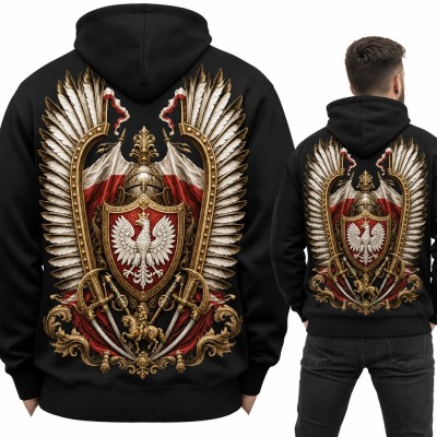 Bluza męska z kapturem - husarskie skrzydła z orłem białym i szablami - duży nadruk na plecach