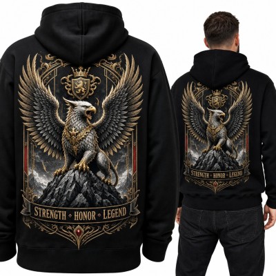 Bluza męska z kapturem - gryf z herbem „Strength Honor Legend” - duży nadruk na plecach
