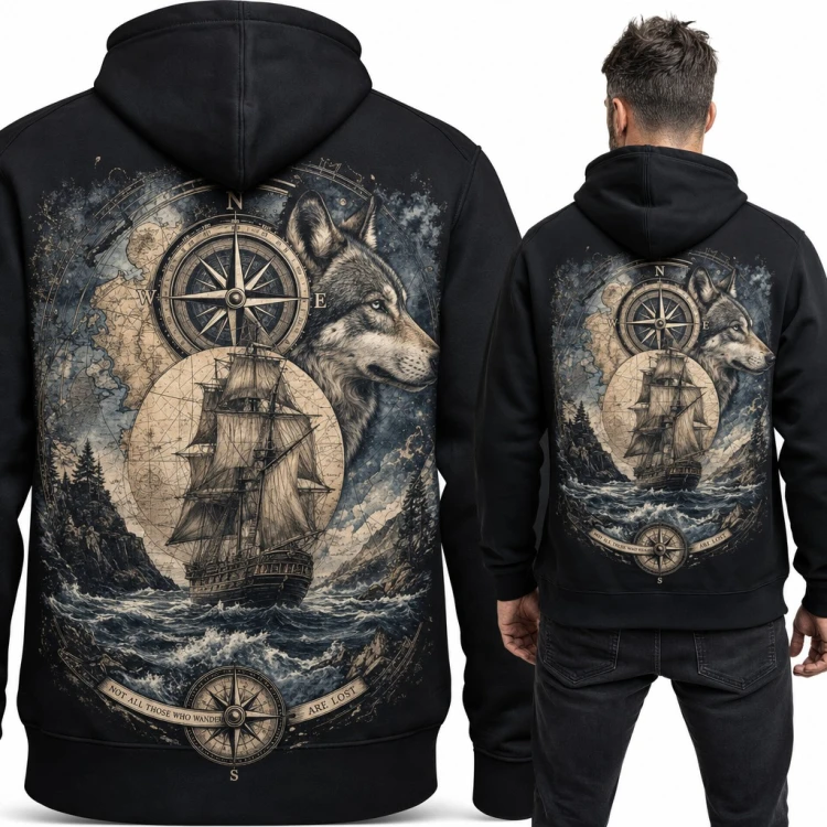 Bluza męska z kapturem „Not all those who wander are lost” z wilkiem i żaglowcem - duży nadruk na plecach