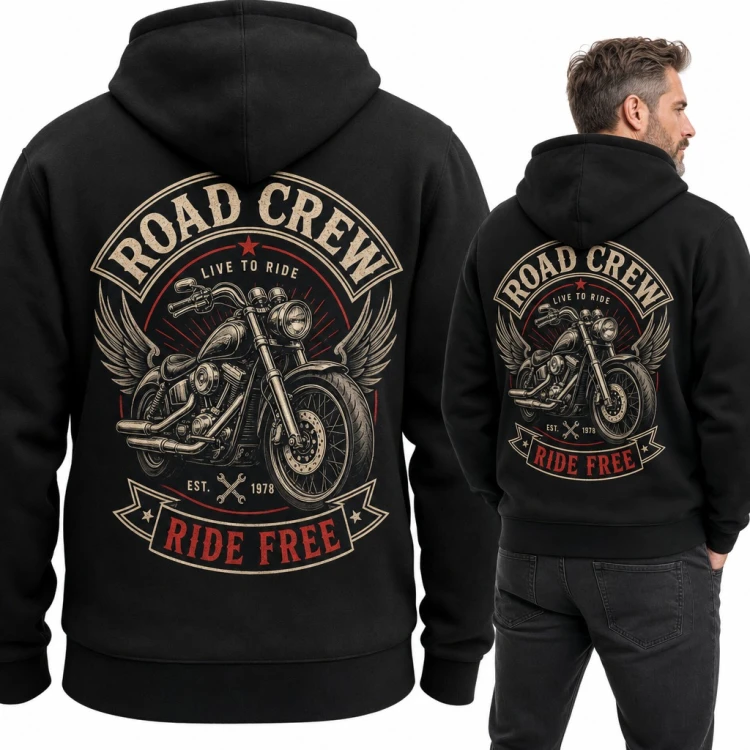 Bluza męska z kapturem - motocykl chopper ze skrzydłami „Road Crew” dla motocyklisty - duży nadruk na plecach